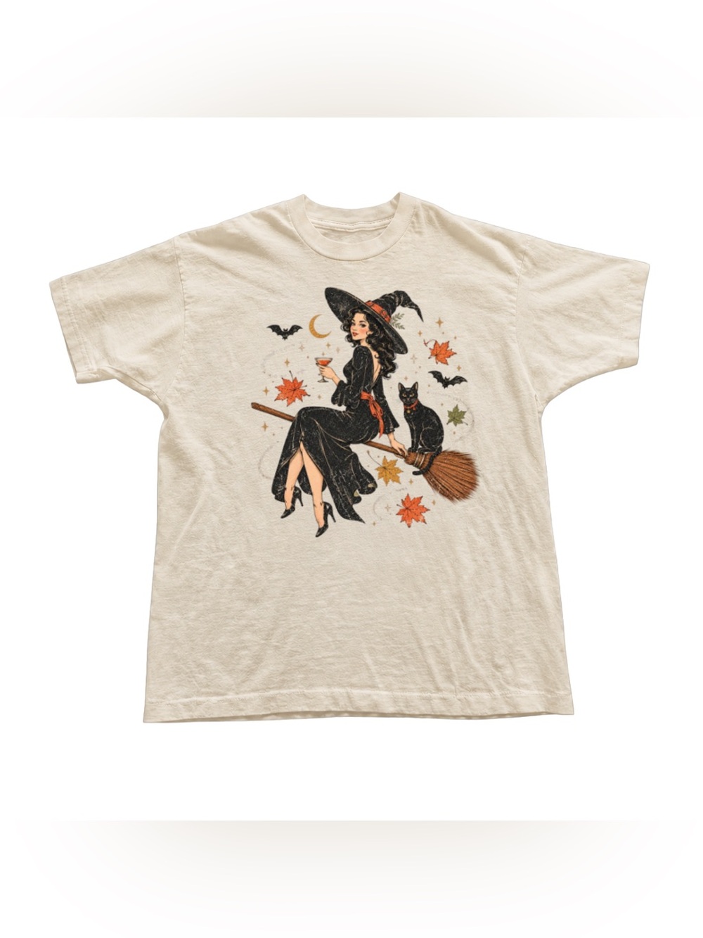 Off White Short Sleeve Tee with Black Witch and Autumn Graphic